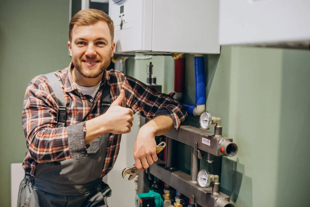 Ein laechelnder Handwerker im karierten Hemd zeigt Daumen hoch vor einer Heizungsanlage, bereit, vor Ort Unterstuetzung zu leisten.